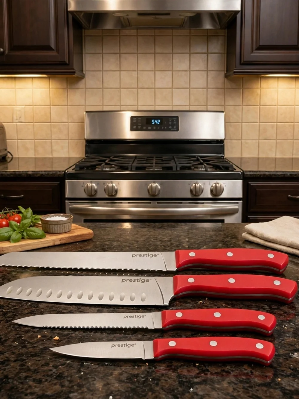 Prepology 4 Pc Stainless Cutlery Set w/ Wood Gift Case Red